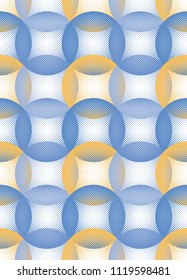 Abstract Blue and Yellow Halftone Circles Vector Pattern. Yellow and Blue Circles Made of Dots on a White Background. Simple Geometric Repeatable Vector Design.