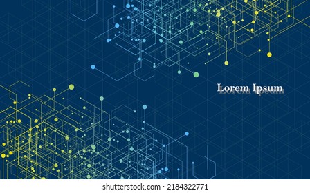 abstract blue yellow hexagon, network image, geometric navy background, scientific technology, engineering concept