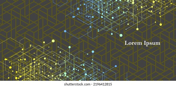 abstract blue yellow hexagon, network image, geometric gray background, scientific technology, futuristic concept