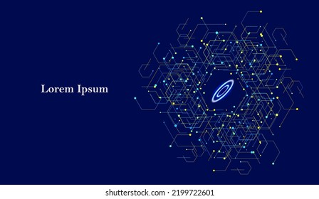 abstract blue yellow hexagon, network image, geometric navy background, scientific technology, futuristic concept