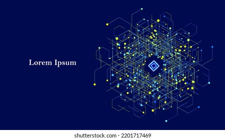 abstract blue yellow hexagon, network image, geometric navy background, scientific technology, futuristic concept