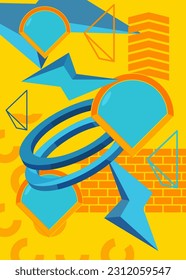 Abstract blue and yellow old geometrical shapes background. Simple retro geometric cartoon art illustration. Vibrant graphic busy psychodelic volumetric vector banner, poster.