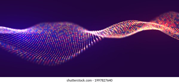 Abstract blue and yellow particle background. Flow wave with dots landscape. Digital data structure. Future mesh or sound grid. Pattern point visualization. Technology vector illustration.