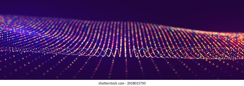 Abstract blue and yellow particle background. Flow wave with dot landscape. Digital data structure. Future mesh or sound grid. Pattern point visualization. Technology vector illustration.
