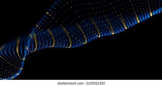 Resumen de fondo de partículas azules y amarillas. Ola de flujo con paisaje de puntos. Estructura de datos digitales. Malla futura o rejilla de sonido. Visualización de puntos de patrón. Ilustración vectorial de tecnología.