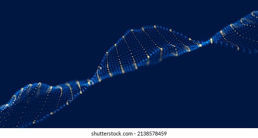 Abstract blue and yellow particle background. Flow wave with dot landscape. Digital data structure. Future mesh or sound grid. Pattern point visualization. Technology vector illustration.
