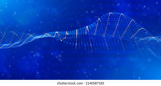 Abstract blue and yellow particle background. Flow wave with dot landscape. Digital data structure. Future mesh or sound grid. Pattern point visualization. Technology vector illustration.