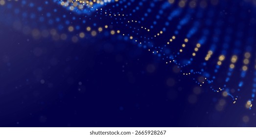 Abstract blue and yellow particle background. Flow wave with dot landscape. Digital data structure. Future mesh or sound grid. Pattern point visualization. Technology vector illustration.