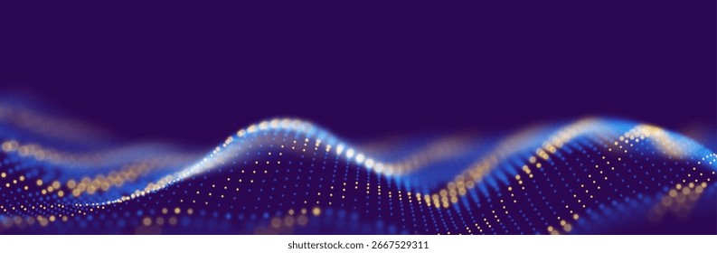 Abstract blue and yellow particle background. Flow wave with dot landscape. Digital data structure. Future mesh or sound grid. Pattern point visualization. Technology vector illustration.