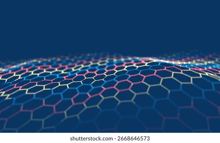 Abstract blue and yellow particle background. Flow wave with dot landscape. Digital data structure. Future mesh or sound grid. Pattern point visualization. Technology vector illustration.