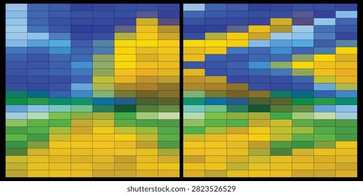 Abstract Blue Yellow Pixel Mosaic Pattern Background with Colorful Geometric Grid and Staggered Block Design for Wallpaper, Textile, and Digital Projects.