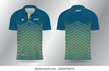 abstract blue and yellow polo jersey shirt mockup template design for badminton, tennis, soccer, football or sport uniform in front view and back view.