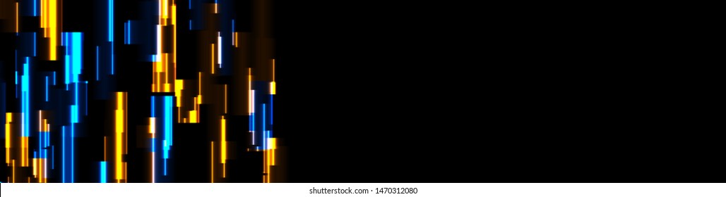 Abstrakte, blaue gelbe Technologie, leuchtender neonaler Hintergrund. Laser glitch Effekt Retro-Grafik Design. Vektorfuturistikbanner