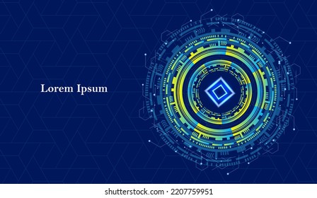 abstract blue yellow technology circle, futuristic pattern, geometric navy background, scientific concept