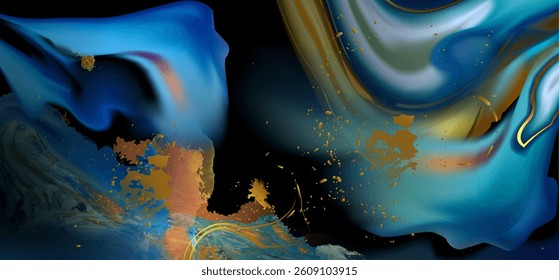 Abstract blue and yellow watercolor pattern on black background. Vector realistic illustration of splashed fluid color, luxury pattern with ink waves, kintsugi effect, elegant greeting card backdrop