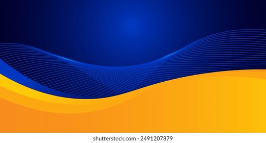 Abstract blue and yellow wave wide background banner curve element with line blue pettern space for text and message design, overlapping layers.