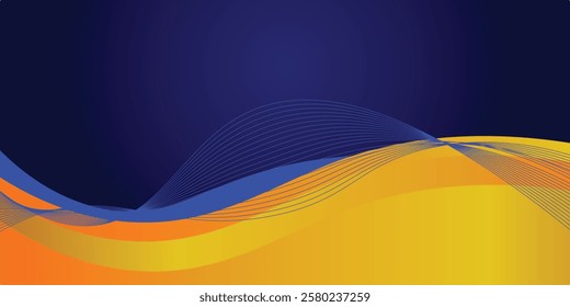 Abstract blue and yellow wave wide background banner curve element with line blue pettern space for text and message design, overlapping layers.