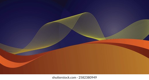 Abstract blue and yellow wave wide background banner curve element with line blue pettern space for text and message design, overlapping layers.