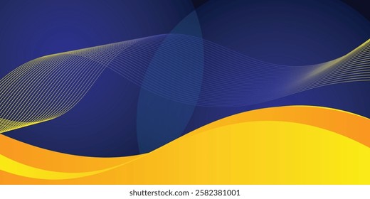 Abstract blue and yellow wave wide background banner curve element with line blue pettern space for text and message design, overlapping layers.