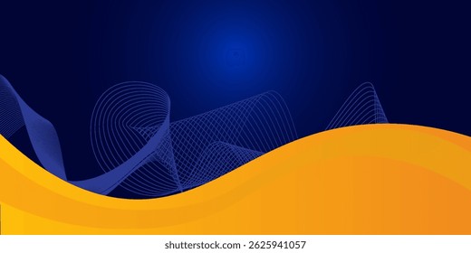 Abstract blue and yellow wave wide background banner curve element with line blue pettern space for text and message design, overlapping layers.
