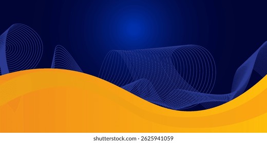 Abstract blue and yellow wave wide background banner curve element with line blue pettern space for text and message design, overlapping layers.