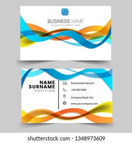 Abstract blue, yellow wavy wave background. creative business card and name card, horizontal simple clean template vector design, layout in rectangle size. Flat Design Vector Illustration. 