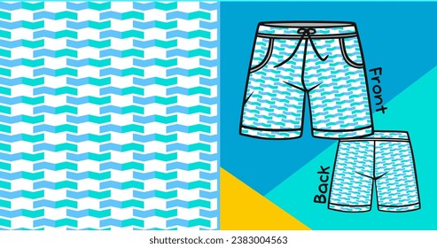 Resumen del patrón zigzag azul horizontal isométrico sin soldadura en gris y negro. Diseño de vectores de mezcla de pantalones cortos para uso de medios versátiles
