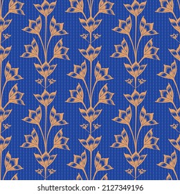 Abstract bluebell flower vector seamless pattern background. Stylized vintage Campanula flowers on vertical striped blue orange backdrop.Formal trailing floral retro repeat.Hand darwn botanical design