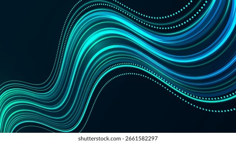 Abstractas fondo de onda digital brillante azul-verde. Las líneas dinámicas crean un flujo de energía moderno y futurista. Perfecto para diseños de tecnología, datos o cibertemáticos.