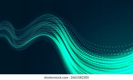 Fundo de onda digital brilhante azul-verde abstrato. Linhas dinâmicas criam um fluxo de energia moderno e futurista. Perfeito para tecnologia, dados ou projetos cibertemáticos.