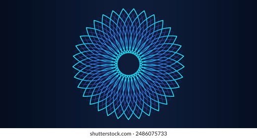 Abstractas líneas de luz azul-verde tejen un patrón en forma circular. Ilustración vectorial en concepto de yoga, ciencia, música.