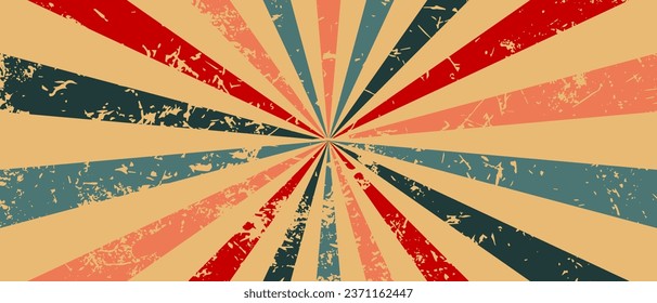Abstract blue-orange-green-red retro rays with faded paper effect and scuffs. Grunge and vintage background. Vector illustration