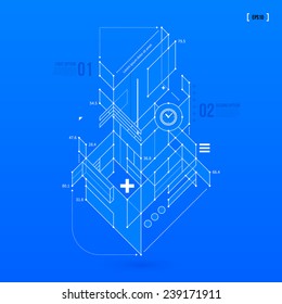 Abstract blueprint with complex geometric element. Useful for presentations. EPS10 vector template