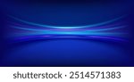 Abstract blue-purple neon or laser light studio background stage, fast moving beams in curves, dark room decorated with disco lights, dance props, futuristic high-speed technology products.