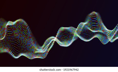 Abstract blue,red,yellow particles background. Flow wave with dot landscape. Digital data structure. Future mesh or sound grid. Pattern point visualization. Technology vector illustration.