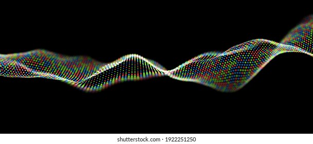 Abstract blue,red,yellow particles background. Flow wave with dot landscape. Digital data structure. Future mesh or sound grid. Pattern point visualization. Technology vector illustration.