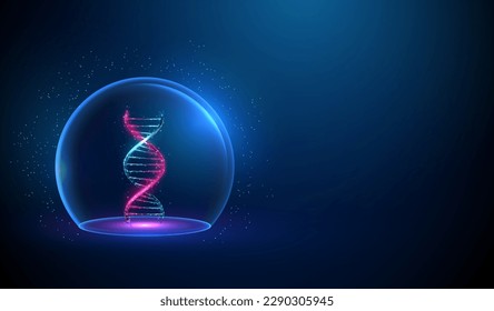 Abstract bluie and purple dna nside glass dome. Protect and care concept. Low poly style design. Blue geometric background. Wireframe light connection structure. 3d graphic concept. Vector