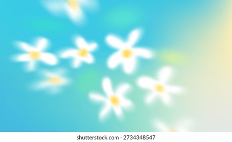 Abstract Blur Daisy Flowers Background. Spring Gradient Soft Floral Gradation. Vector Summer Pastel Illustration with Blurry Flowers on Blue Sky