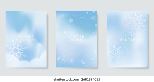 Conjunto de fondo de tarjeta de invierno de gradiente de desenfoque Abstractas. Cartel minimalista con textura de acuarela de copo de nieve. Moderno diseño de Fondo de pantalla de temporada de otoño para portada, impresión, Navidades y anuncios de Nuevo año.