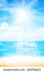 Abstract blur sand beach and blue sky background with sunlight and flare element for summer vector illustration eps10