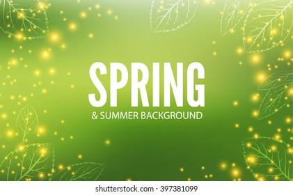 Abstract Blur Spring & Summer Background with Particles & Leaves. Vector illustration