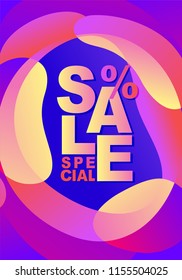 Abstract blur wavy shapes in gradient iridescent colors effect soft transition. Template of fluid organic shapes with plastic lines, forms with promotion text SALE SPECIAL %. Liquid effect background 
