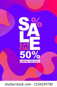 Abstract blur wavy shapes in gradient iridescent colors effect soft transition. Template of fluid organic shapes, plastic lines forms with promotion text SALE SPECIAL 50% off Liquid effect background 
