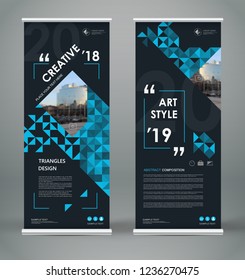 Abstract blurb font. Black roll up brochure cover design. Info banner frame. Ad flyer text. Title sheet model set. Hi tech vector front page art. City view brand flag. Blue triangle figure icon fiber