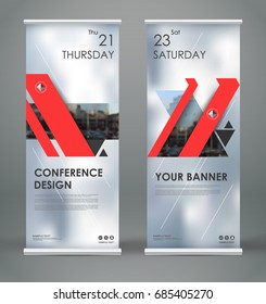 Abstract blurb font. Silver roll up brochure cover design. Info banner frame. Ad flyer text. Title sheet model set. Hi tech vector front page art. City theme brand flag. Red line, triangle figure icon
