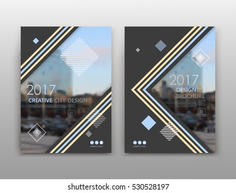 Abstract blurb theme. Black brochure cover design. Info banner frame. Ad flyer text font. Title sheet model set. Hi tech vector front page art. City view texture. Blue triangle figure image icon fiber