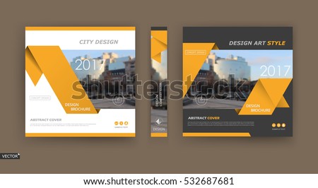 Abstract blurb theme. Black, white brochure cover design. Info banner frame. Ad flyer text font. Hi tech title sheet model set. Modern vector front page. City view texture. Yellow triangles icon fiber