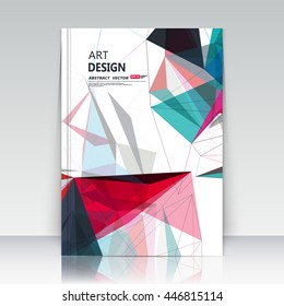 Abstract blurb theme. Text frame surface. A4 brochure cover design. Title sheet model. Creative front page. Ad banner form texture. Red, green patch triangle figure icon. Flyer fiber font. Vector art