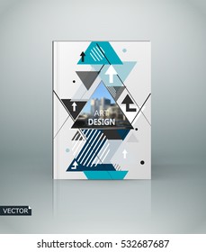 Abstract blurb theme. White a4 brochure cover design. Info banner frame. Fancy ad flyer text font. Modern title sheet model. Hi tech vector front page. Urban city view. Blue triangle figure icon fiber