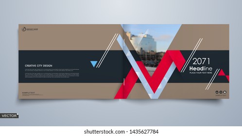 Abstract blurb theme. White brochure cover design. Info banner frame. Fancy ad flyer text font. Title sheet fiber model. Hi tech vector front page. Urban city view texture. Red triangle figure icon